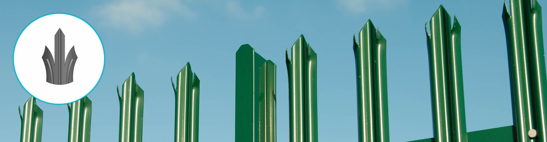 The top section of the green PVC palisade fence. The fence with W section pales and triple pointed head type, the post type is RSJ beam.