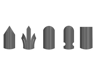 Five types of W & D section pales, one pointed, triple pointed & splayed, rounded, rounded & notched, square.
